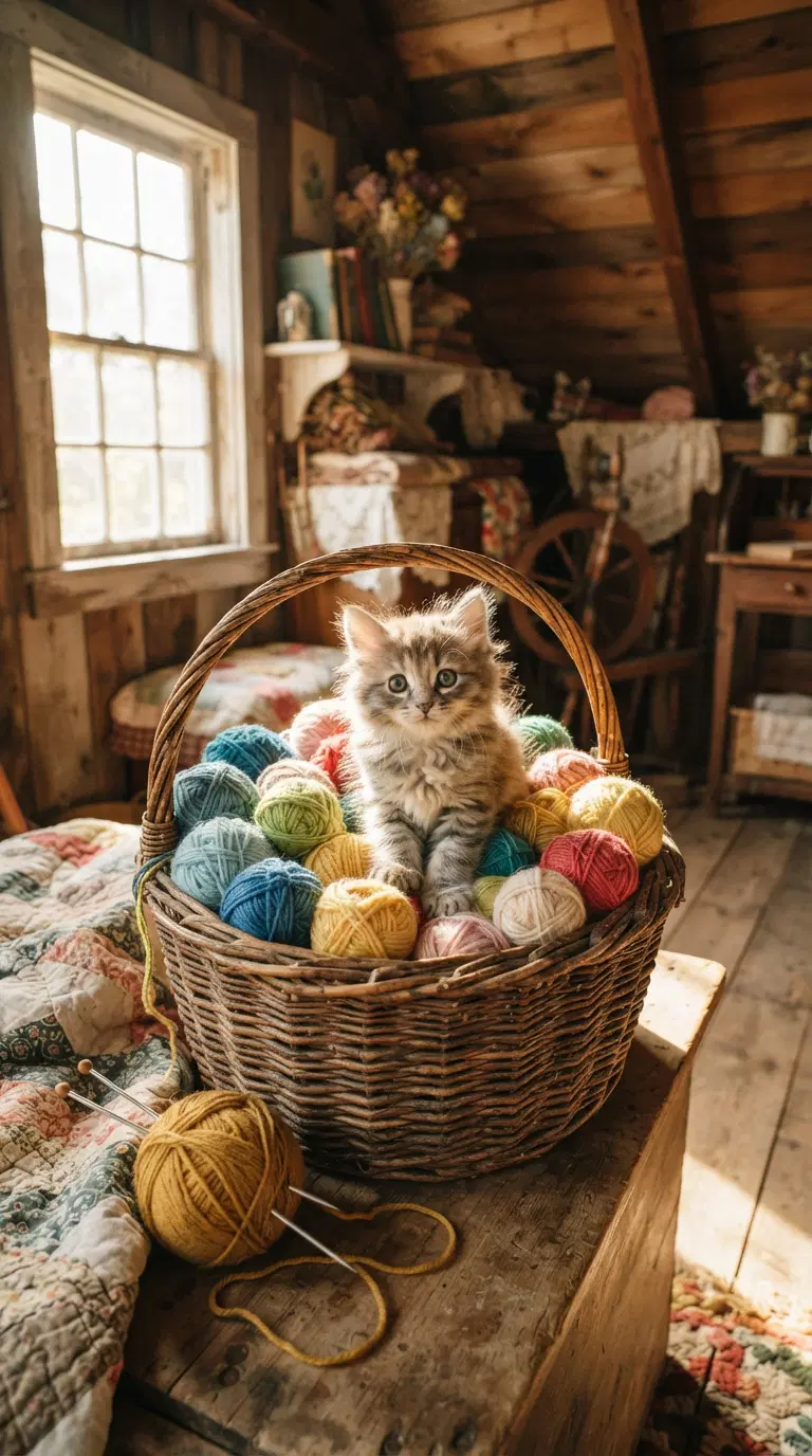 A cozy kitten sitting in a basket of colorful yarn balls