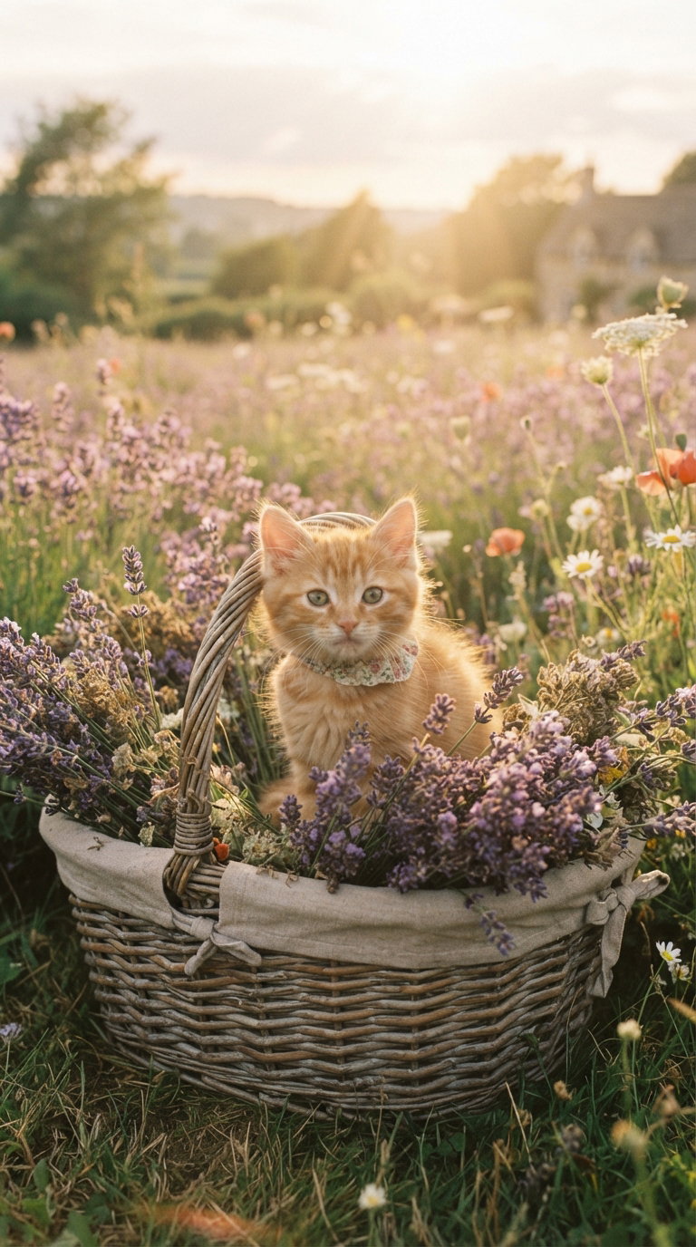 A ginger kitten sitting in a wicker basket full of lavender flowers, surrounded by a blooming field and a sunset backdrop.