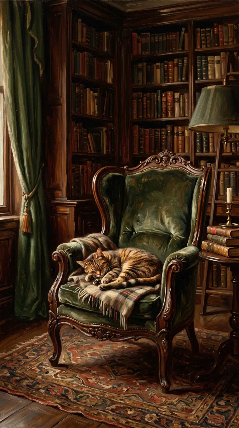A Cozy Library Scene with a Sleeping Cat on a Plush Armchair