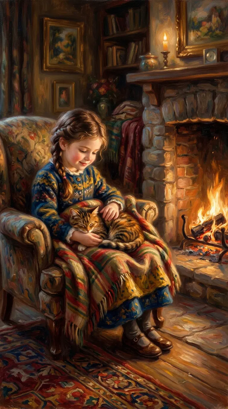 A Girl Enjoying the Warmth of a Cat by the Fireplace