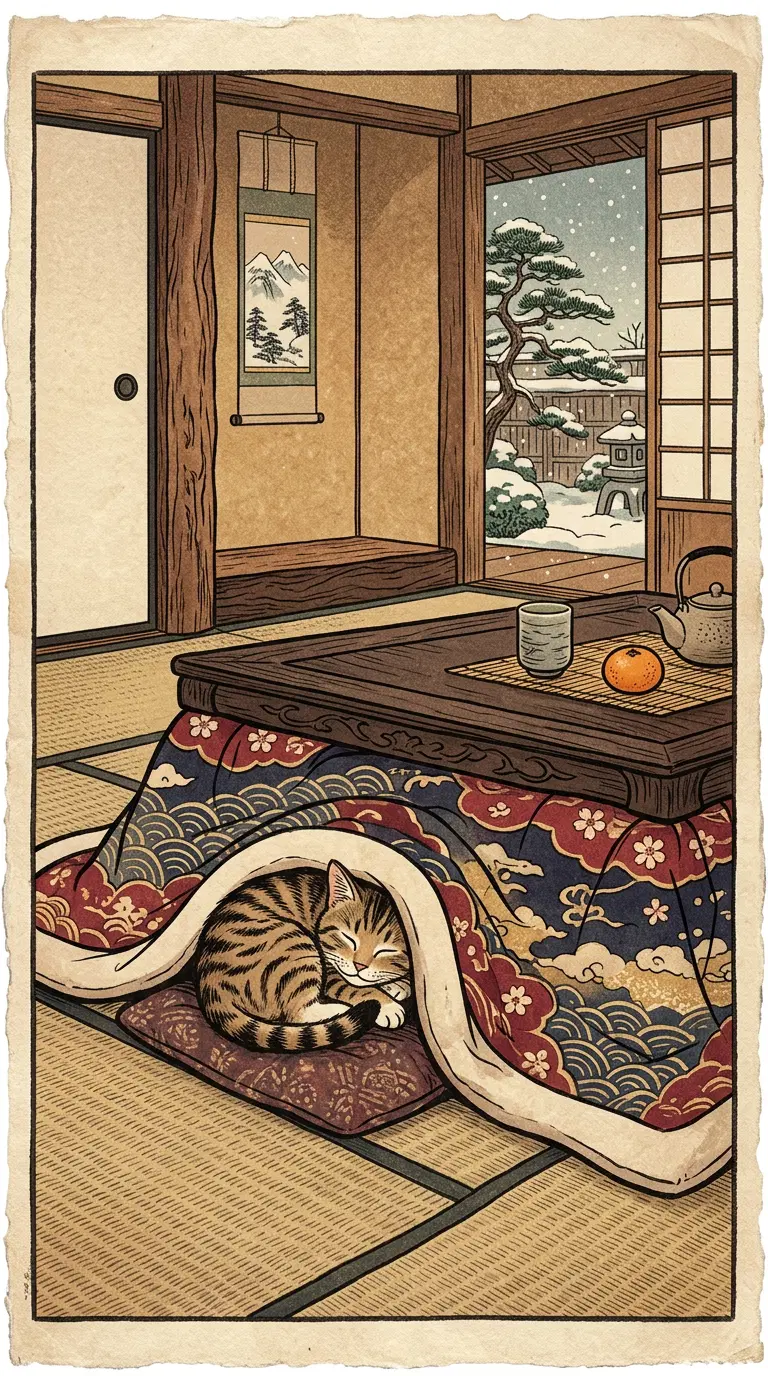 Cozy Japanese Room with a Sleeping Cat Under a Kotatsu