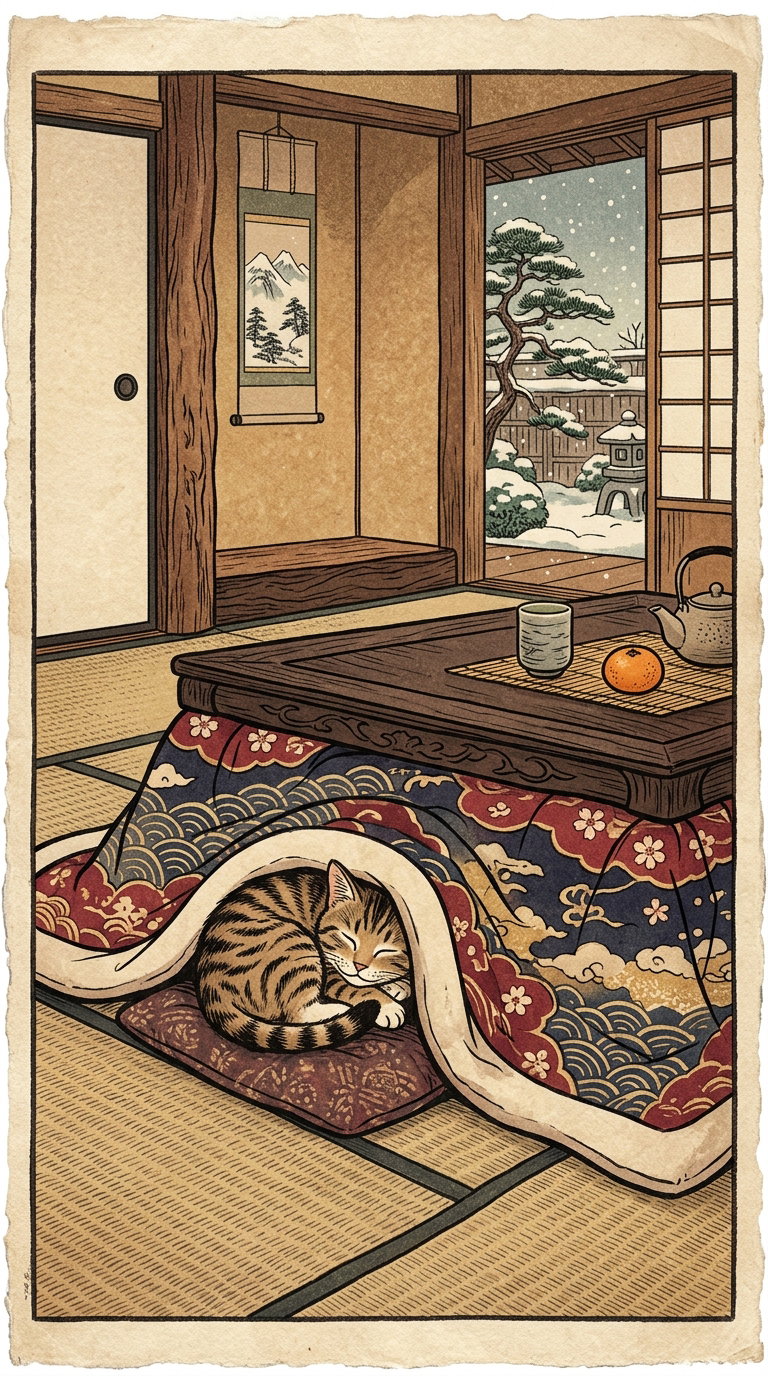A warm traditional Japanese interior with a kotatsu, a sleeping tabby cat tucked under a colorful blanket, and winter scenery visible through a window.