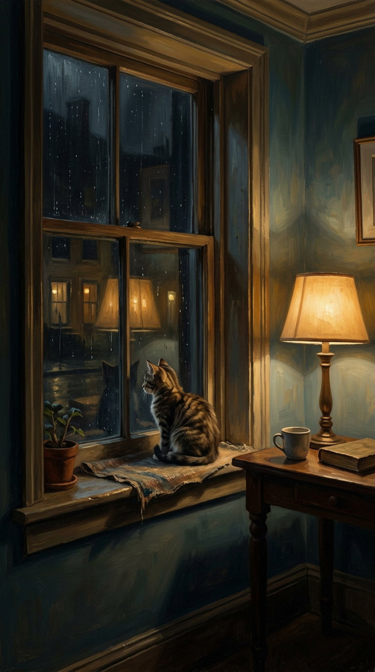 A tabby cat sitting on a windowsill, looking out at rain. The room is warmly lit by a lamp, with a table featuring a cup and plant.