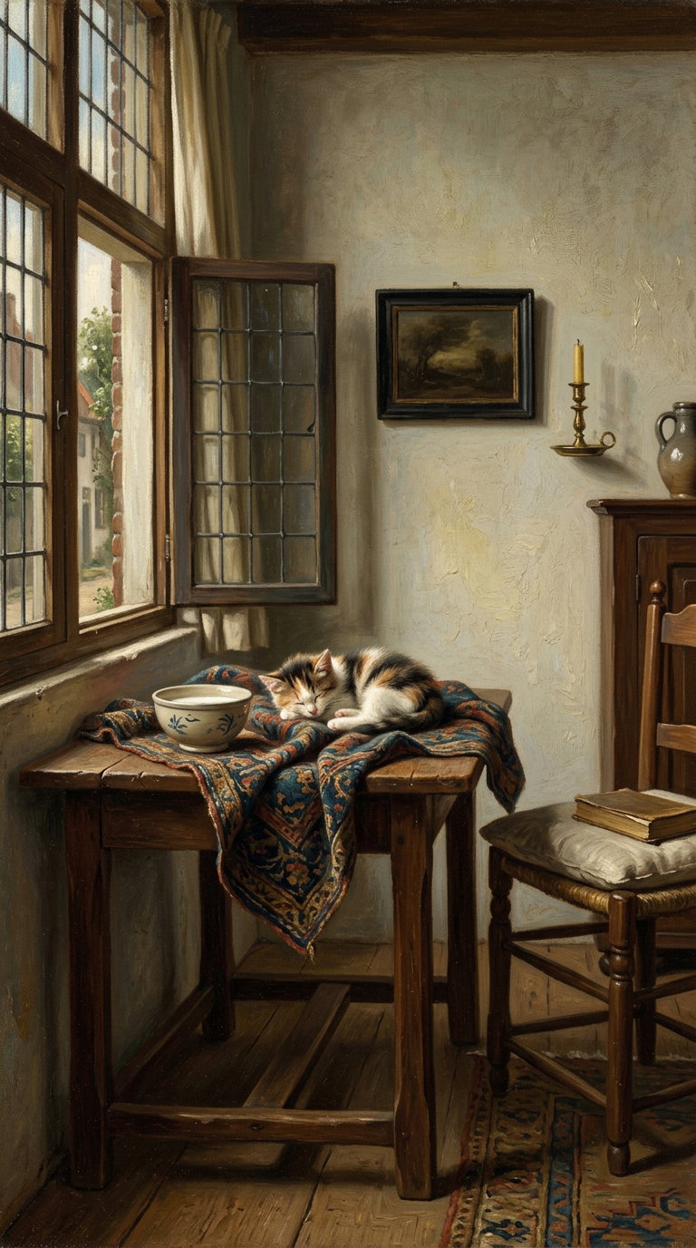 A calico cat sleeping on an ornate textile spread across a wooden table, with a bowl nearby, set in a rustic room with natural light coming through a window.