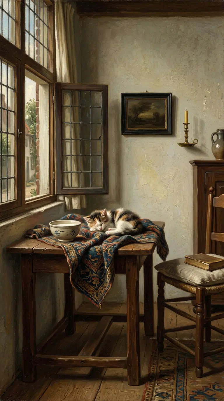 A Cozy Vintage Scene Featuring a Sleeping Cat on a Table