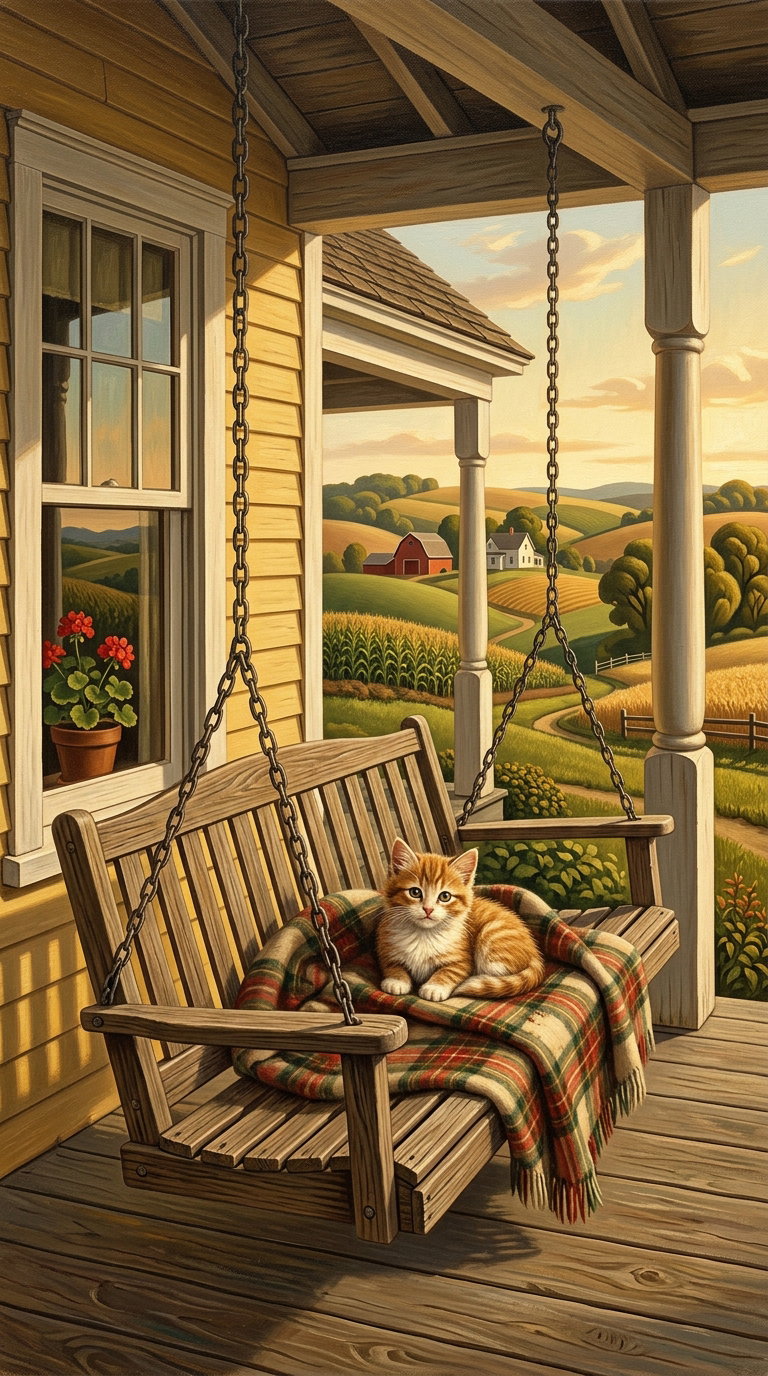 A cozy wooden porch swing with a plaid blanket and a ginger cat lounging on it, surrounded by fields and farms in the background.