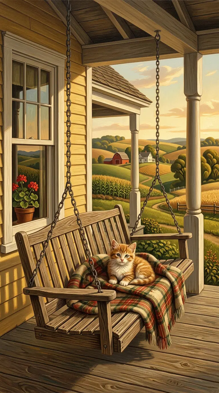 Charming Ginger Cat Relaxing on a Porch Swing in the Countryside