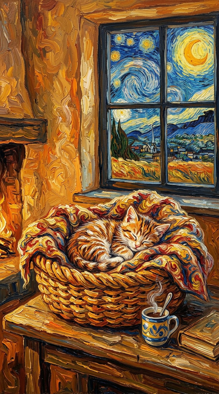 An orange cat sleeping in a woven basket with a colorful blanket, beside a steaming cup on a wooden table, and a night sky painting visible through the window.