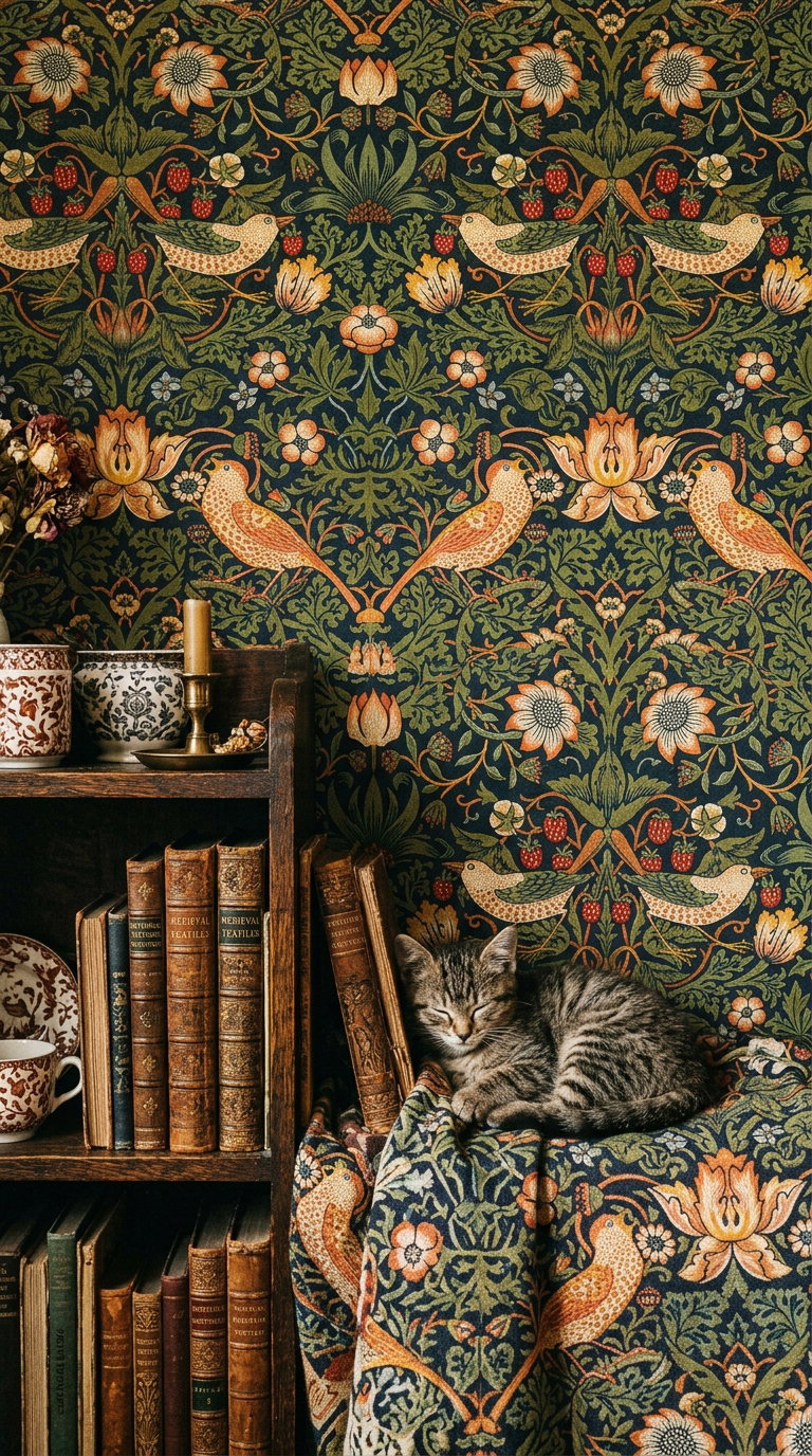 A sleeping cat on a patterned fabric next to a bookshelf filled with old books. The backdrop features floral wallpaper with birds and flowers.