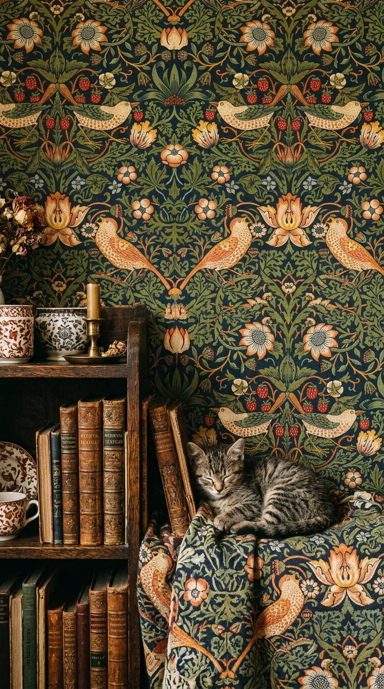 A Cozy Cat Nestled Among Books and Floral Wallpaper