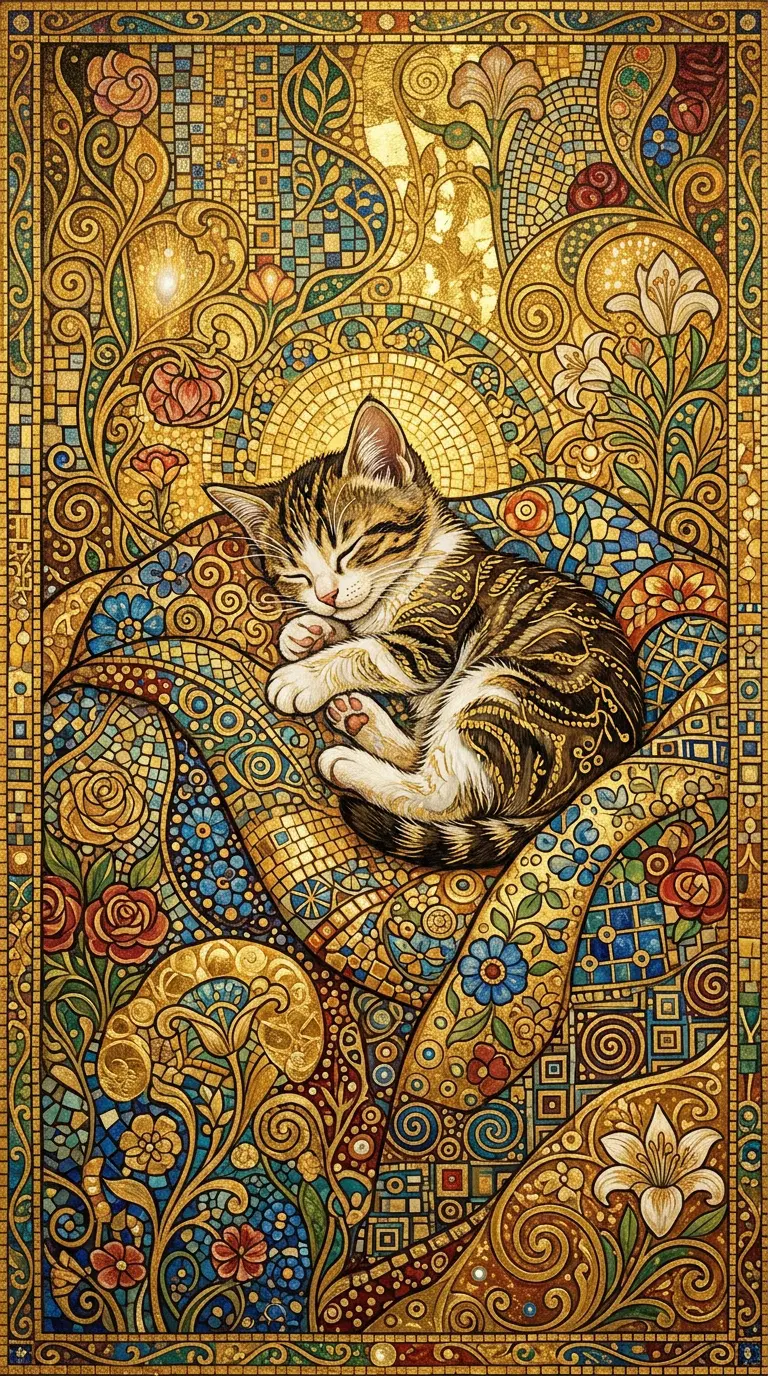 Detailed Mosaic Art of a Sleeping Cat Surrounded by Floral Patterns