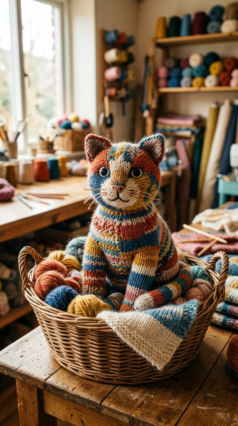 A handmade cat sculpture made of colorful yarn sits in a woven basket filled with more yarn, surrounded by a cozy craft studio filled with crafting materials and tools.