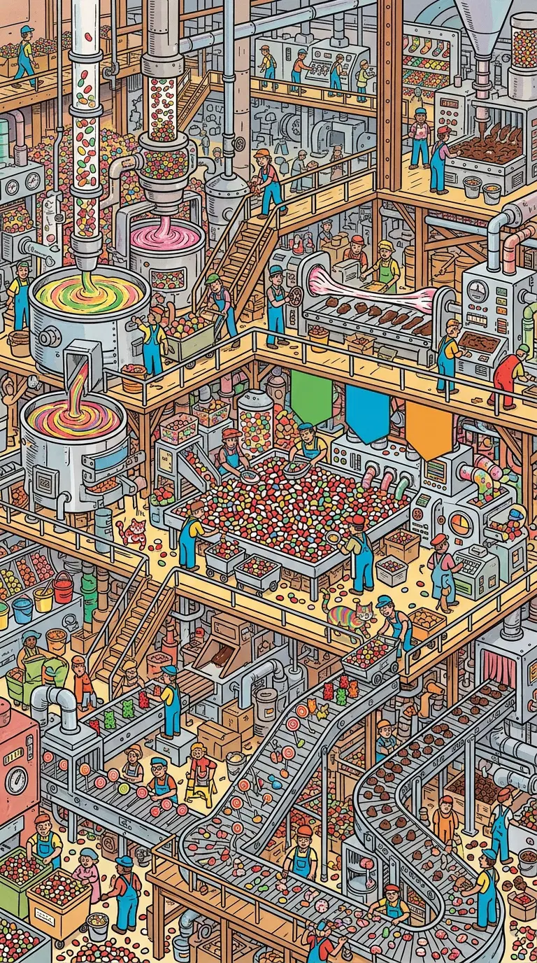 Intricate Factory Scene with Busy Workers and Colorful Products