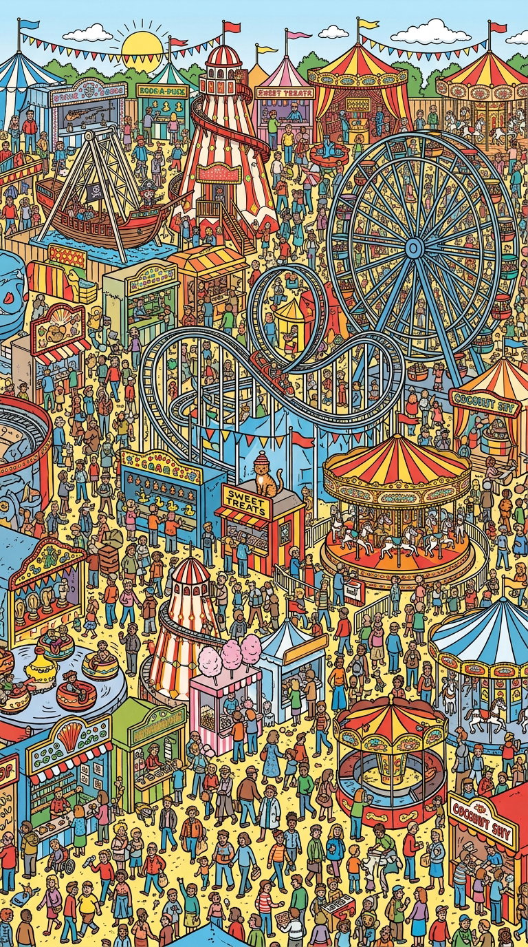 A vibrant carnival scene with numerous attractions, including a Ferris wheel, roller coaster, and various games, populated by many people enjoying the festivities.