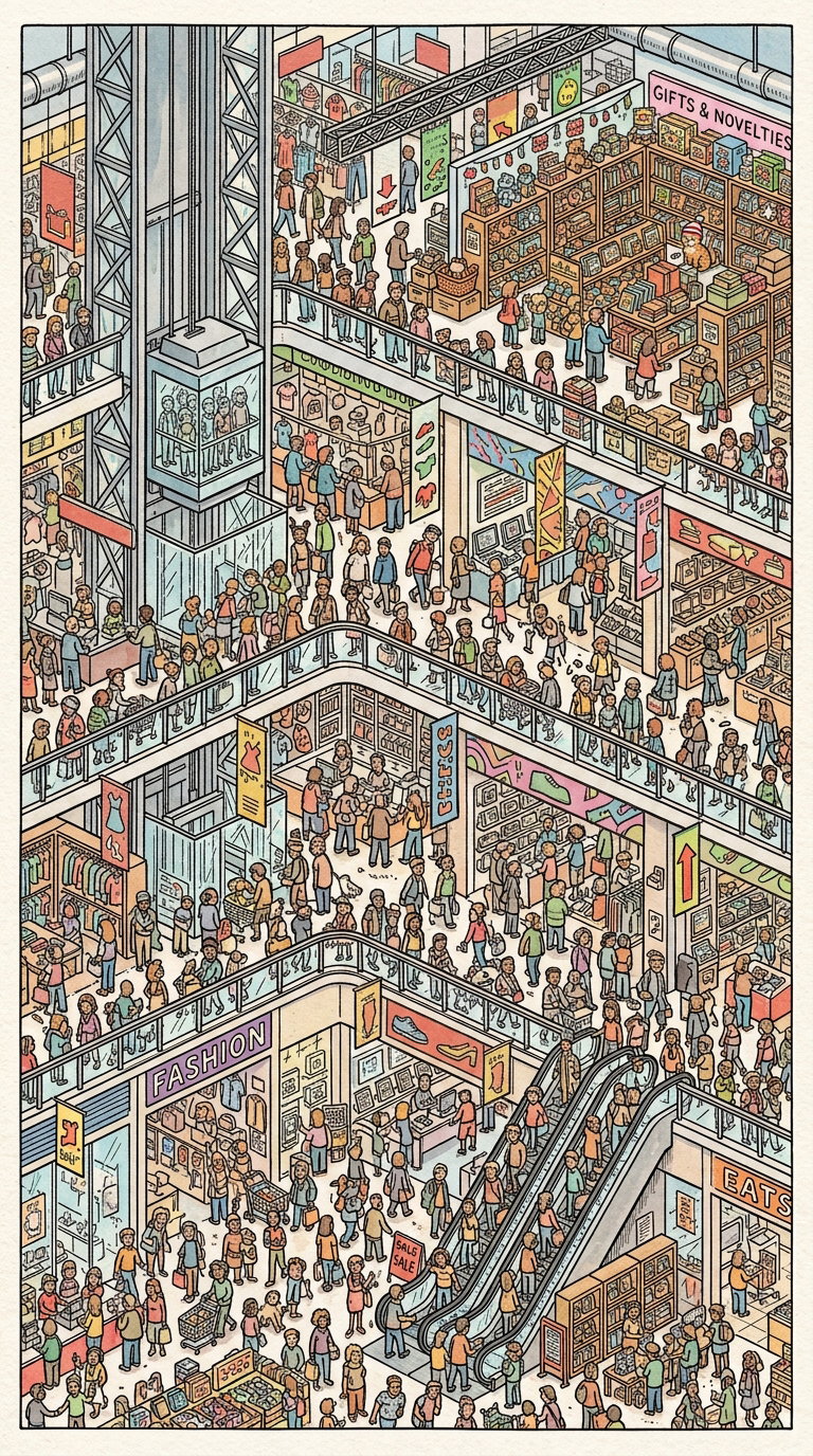 An illustrated scene depicting a crowded shopping mall with multiple levels, including various stores like gifts, fashion, and books, along with many shoppers and escalators.