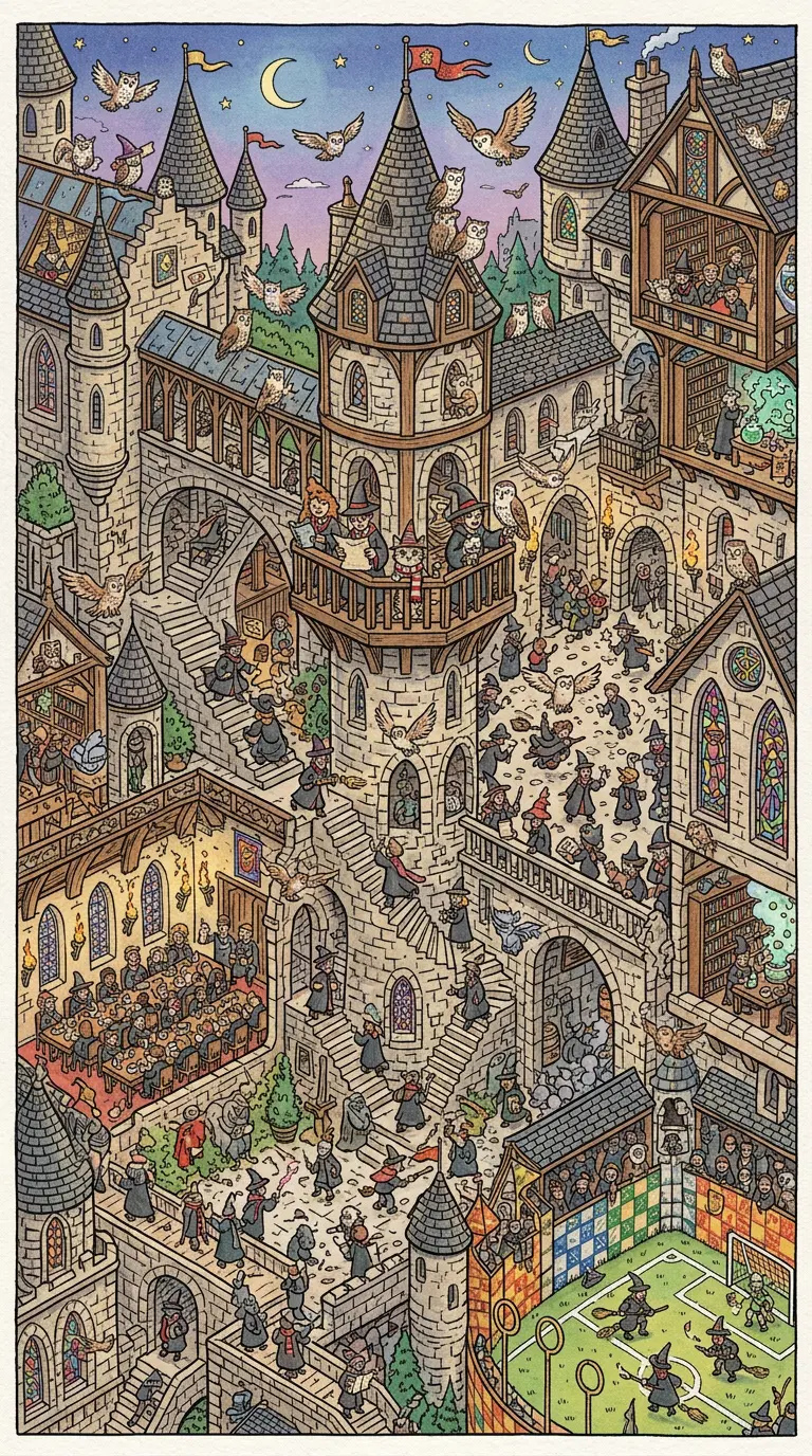Whimsical depiction of a bustling wizarding city