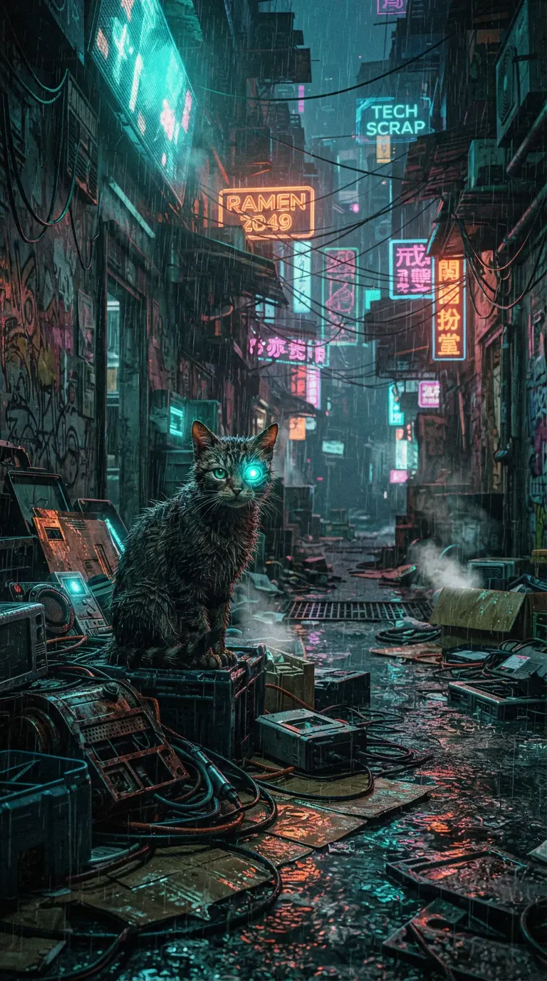 A cyberpunk cat in a neon-lit alley, drenched in rain