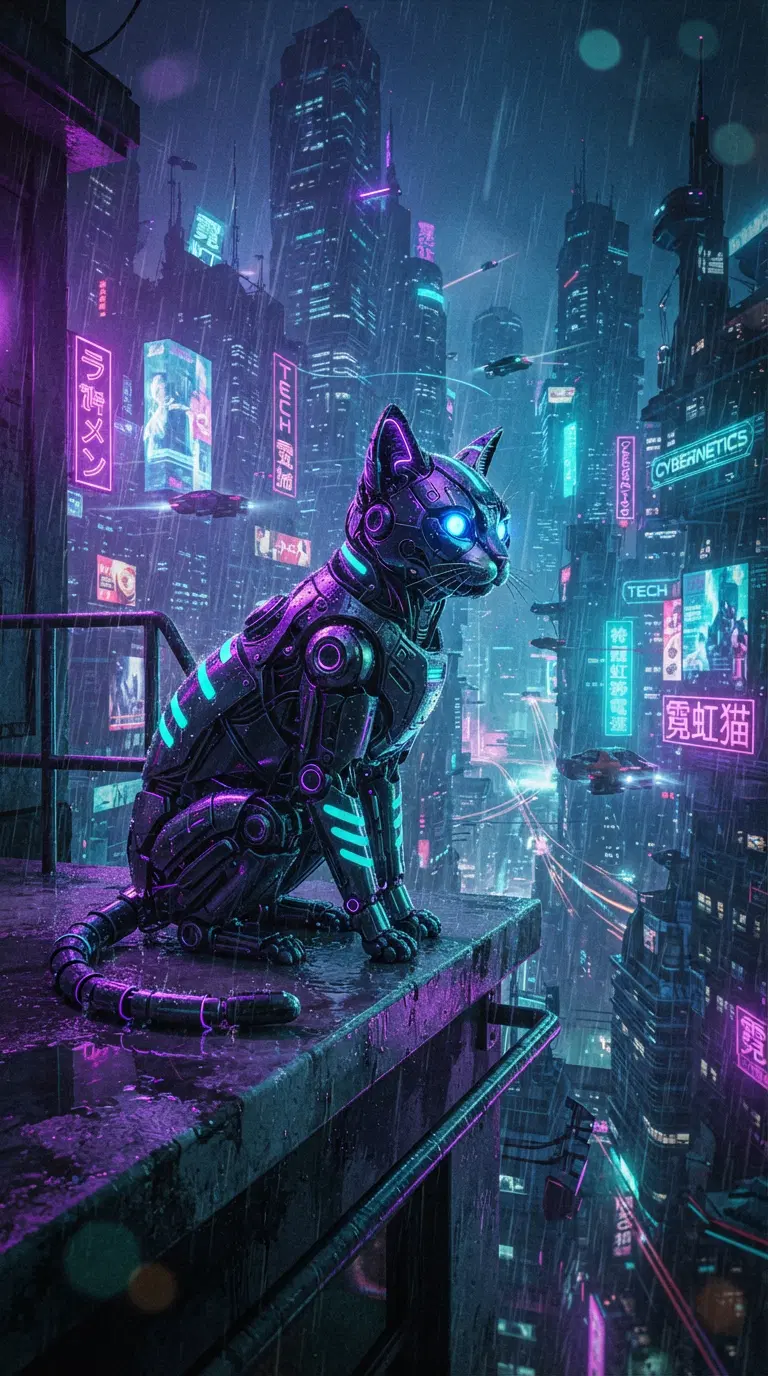 Futuristic Robotic Cat in a Neon Cityscape