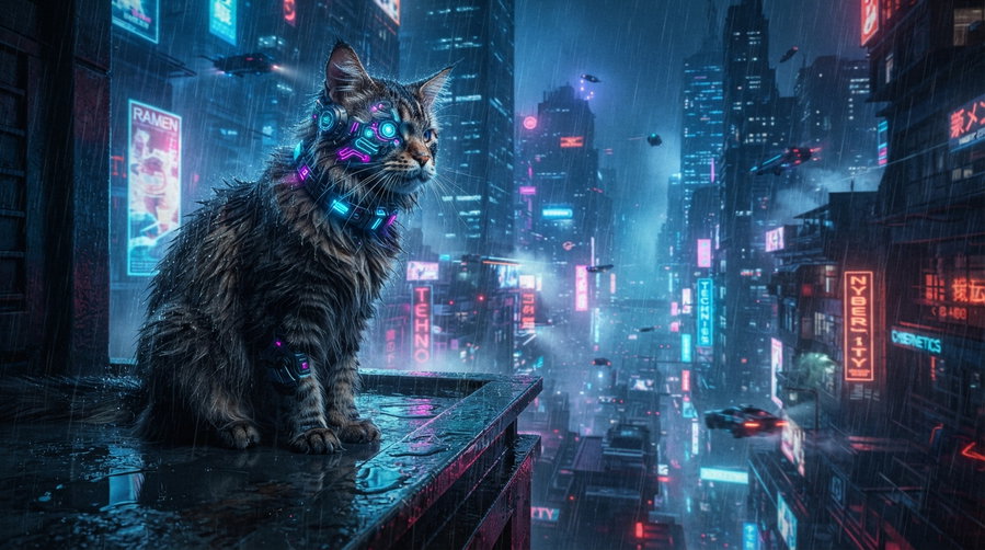 A cyberpunk-styled cat with neon lights sitting on a rooftop in a rainy futuristic city filled with glowing advertisements and hovering vehicles.