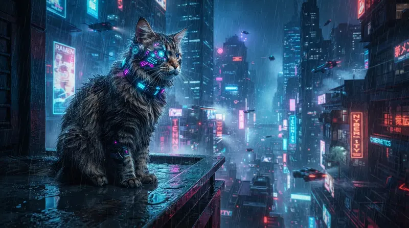 Futuristic Cyberpunk Cat in Neon Cityscape