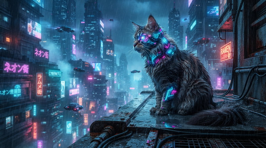 A cat with futuristic features and neon lights sits on a ledge overlooking a rainy, neon-lit cyberpunk cityscape.