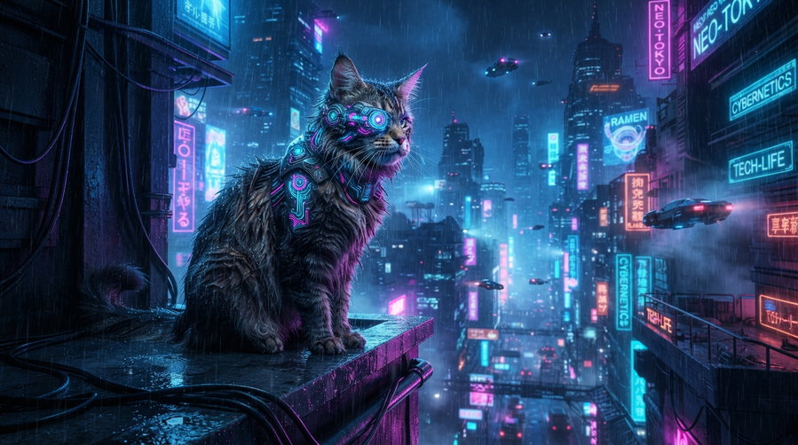A cybernetic cat sits on a ledge overlooking a neon-lit city filled with futuristic buildings and flying vehicles, under a rainy sky.