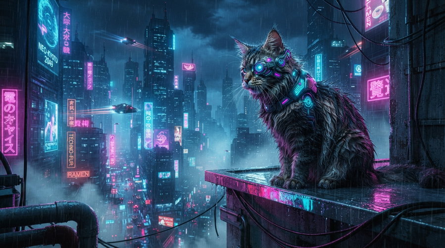 A cat with futuristic goggles perched on a rooftop in a neon-lit city during rainfall, featuring vibrant signs and atmospheric lighting.