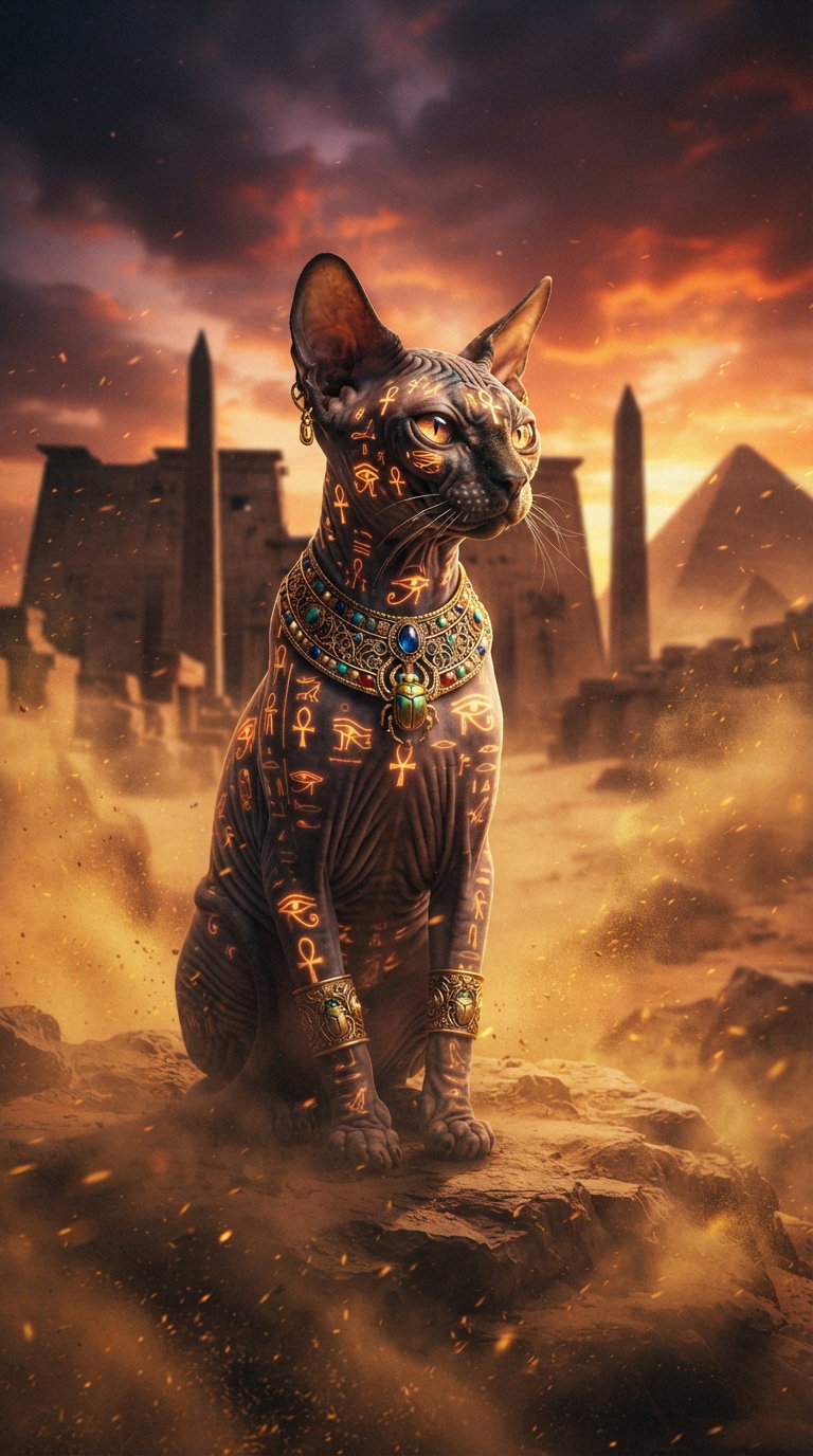 A Sphinx cat with Egyptian symbols and jewelry sitting in front of pyramids at sunset