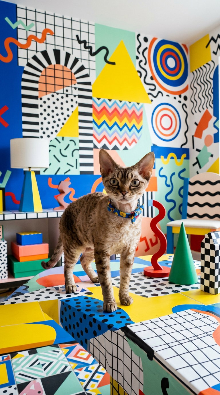 A Bengal cat stands on a colorful geometric-patterned table surrounded by vibrant abstract decor featuring bright colors and various shapes.