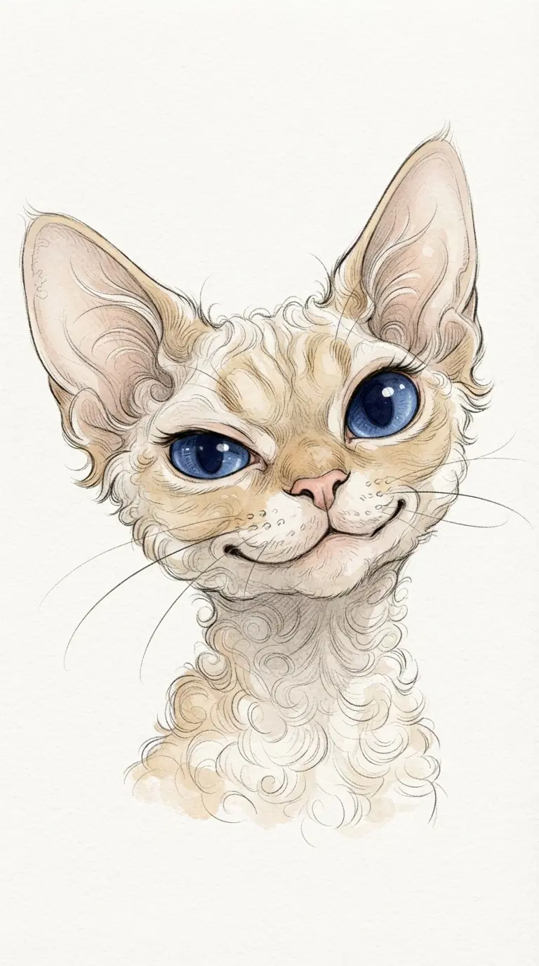 Charming Illustration of a Whimsical Cat with Curly Fur and Blue Eyes
