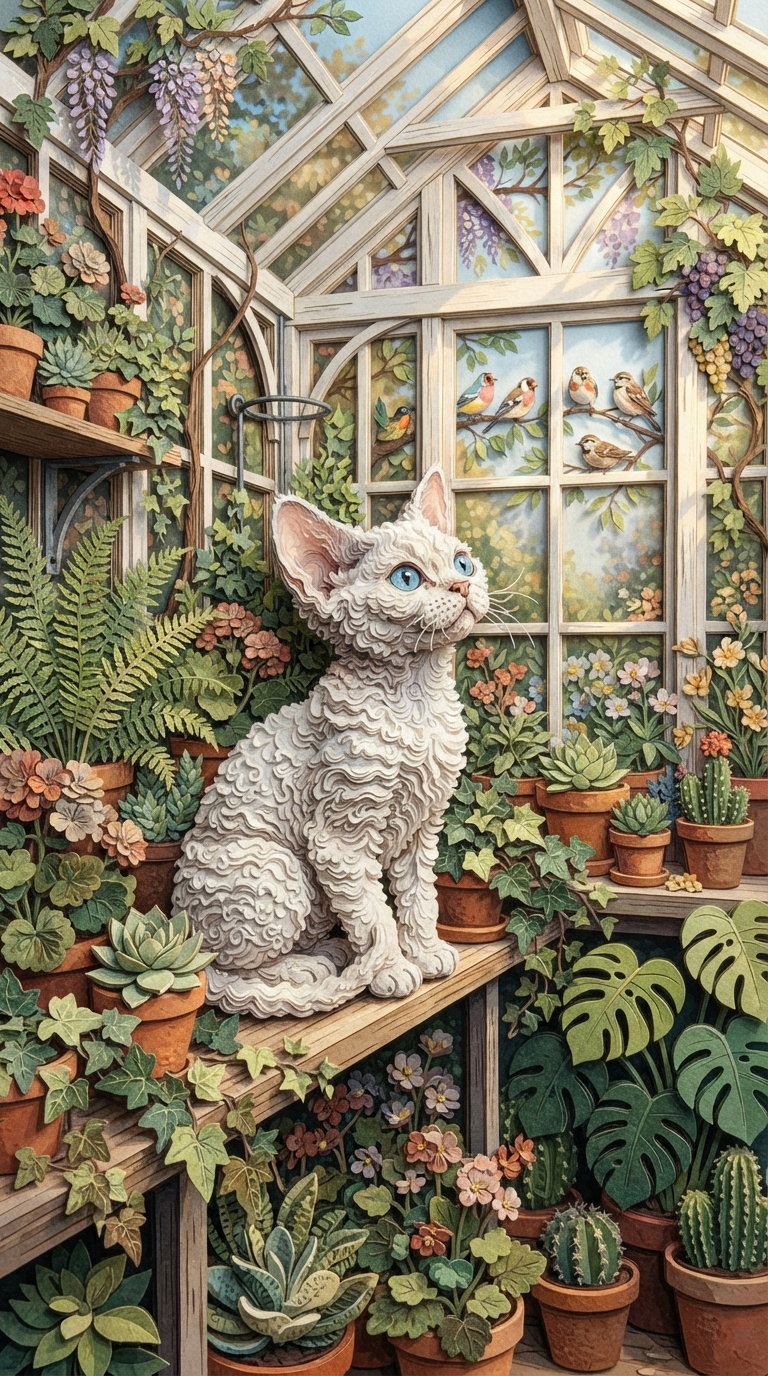 A fluffy white cat with bright blue eyes sits on a wooden shelf, surrounded by various potted plants in a vibrant greenhouse filled with ferns and flowers, while colorful birds can be seen through the glass window.