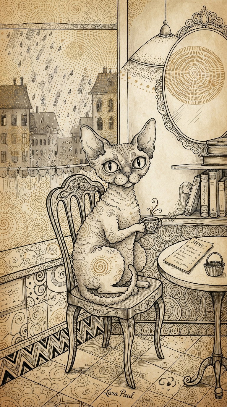 A whimsical illustration of a cat with large eyes sitting on a chair by a window, with a rain scene outside and a table with books and a muffin beside it.