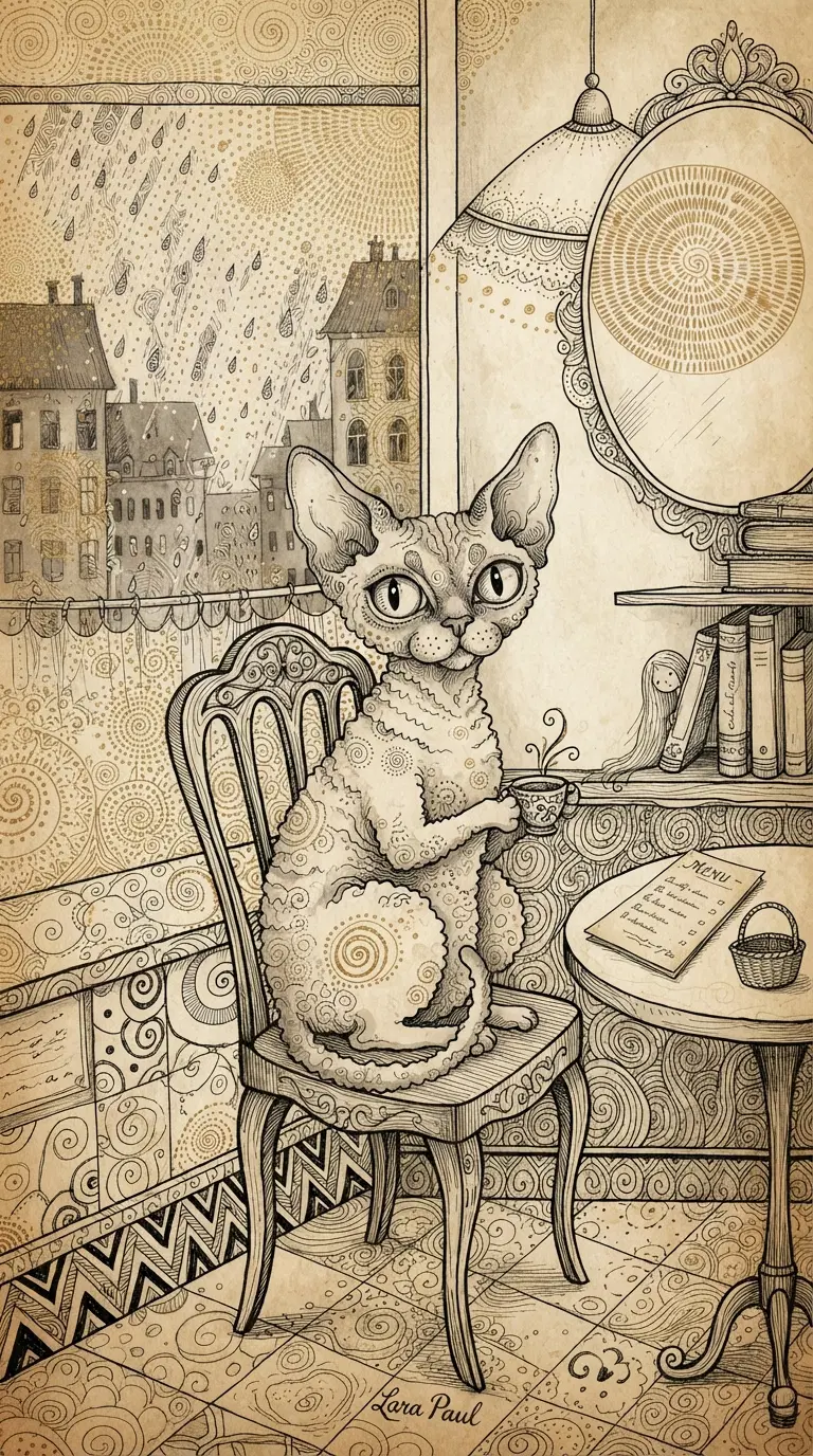Whimsical Cat Sitting by a Rainy Window