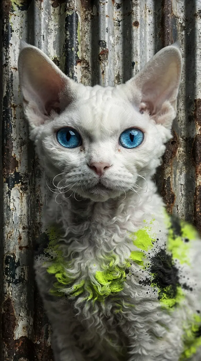 Fluffy White Cat with Vibrant Blue Eyes Against Textured Background