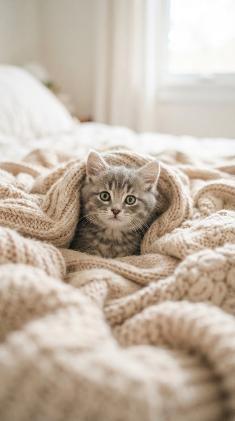 A small, fluffy gray kitten with wide eyes peeking out from a thick, knitted blanket on a soft bed.