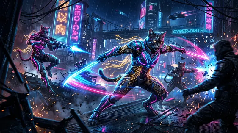 Futuristic Cat Warriors in a Neon Cityscape