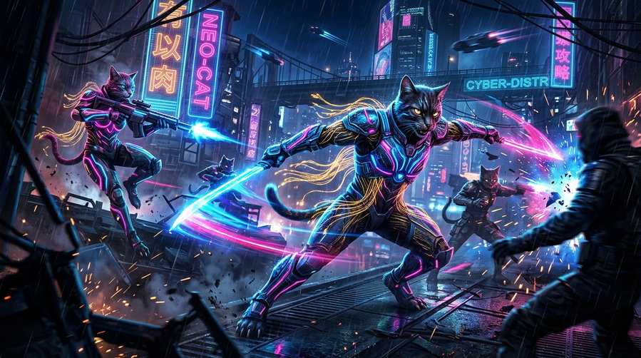 Three cat humanoids wielding swords in a futuristic city with neon lights and rain.