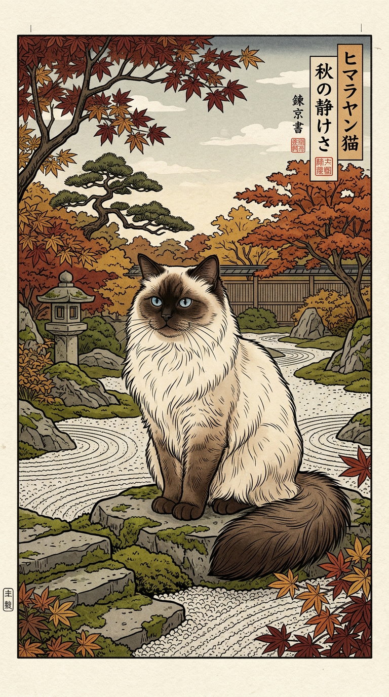A serene autumn landscape with a cat sitting on a stone path, surrounded by colorful fall foliage and traditional Japanese elements such as a lantern and a garden.