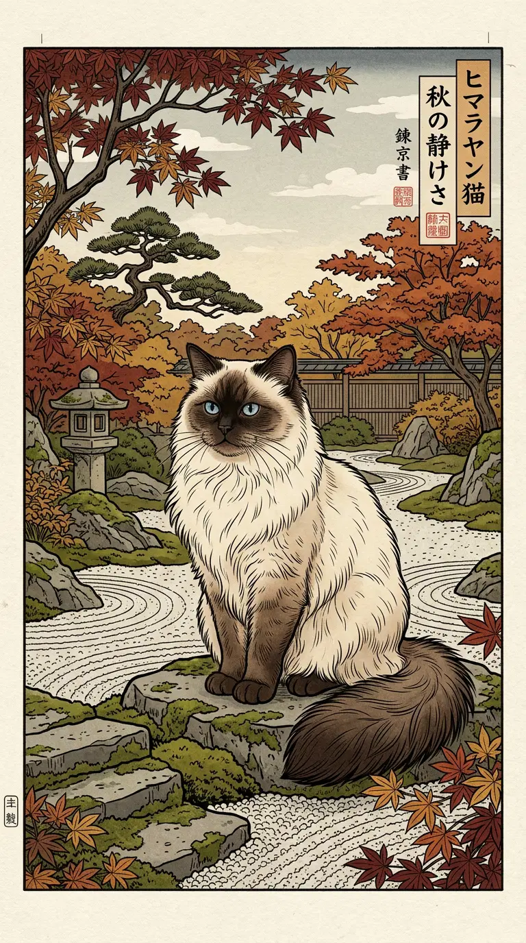 Autumn Scene Featuring a Beautiful Cat in Japanese Style