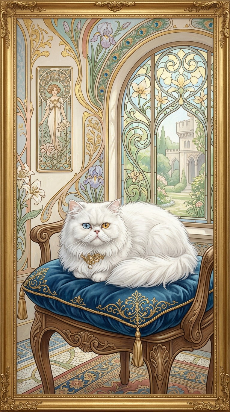 A fluffy white Persian cat with heterochromia rests on a blue cushion in an intricately designed room with stained glass windows and floral patterns.