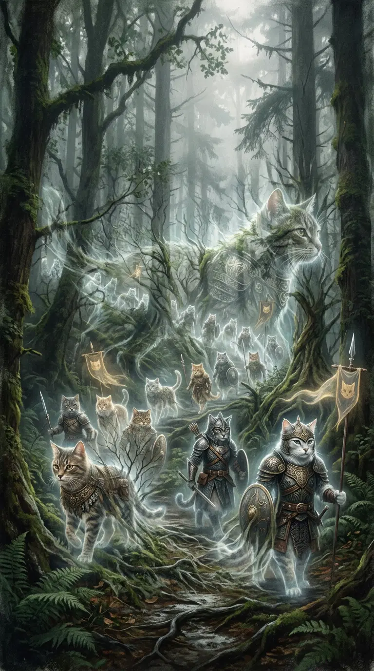 Fantasy Image of Cats in Armor in a Mystical Forest