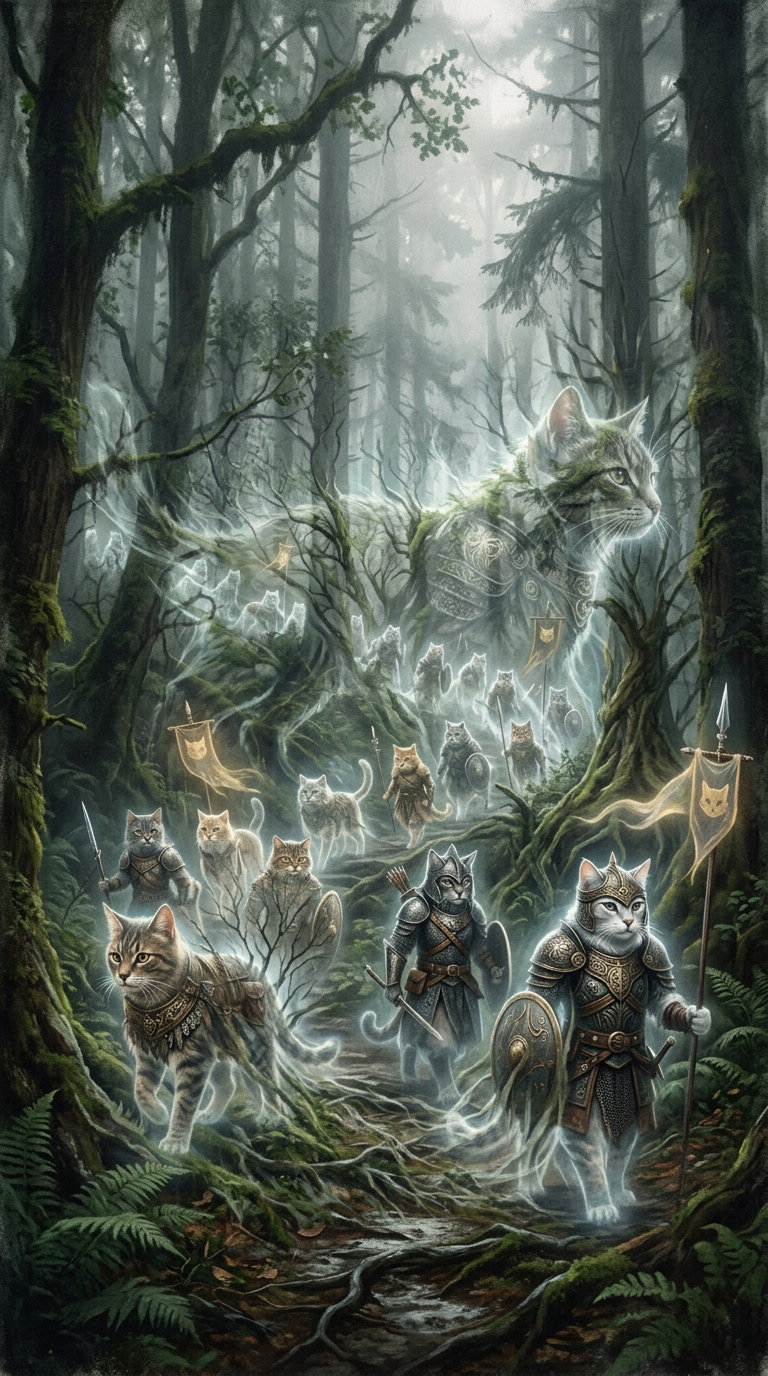 A mystical forest scene with ghostly cats in armor, marching through fog and trees, with a large ethereal cat figure in the background.