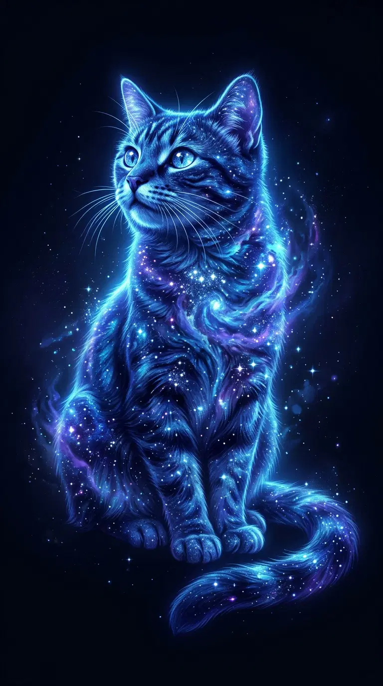 A mesmerizing glowing cat illustration against a starry backdrop