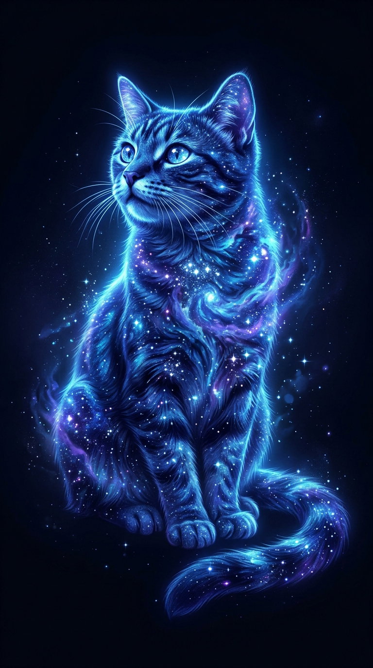 A luminous cat with a galaxy pattern, glowing blue against a dark background.
