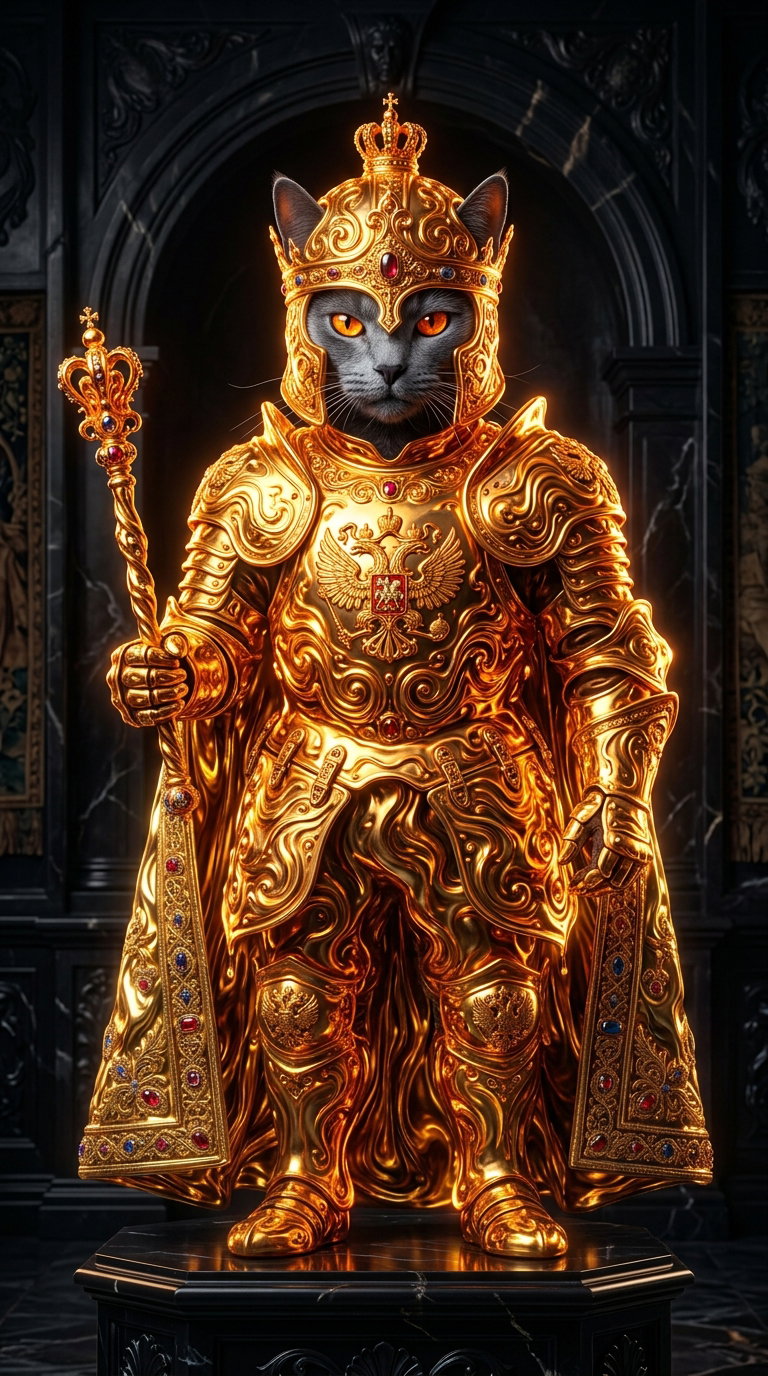 A cat dressed in ornate golden armor holding a scepter, standing regal.