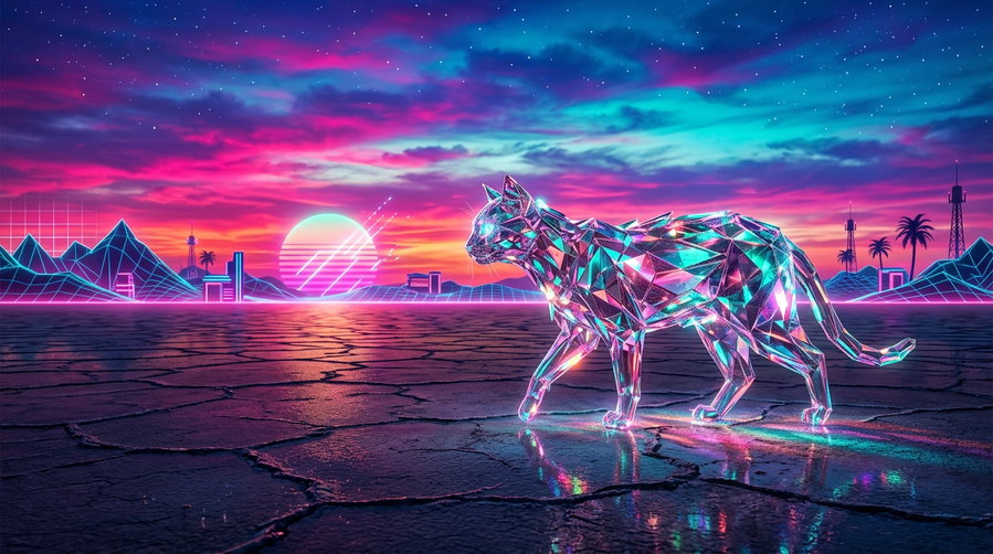 A stylized cat made of crystals in a vibrant neon landscape with mountains and a sunset.