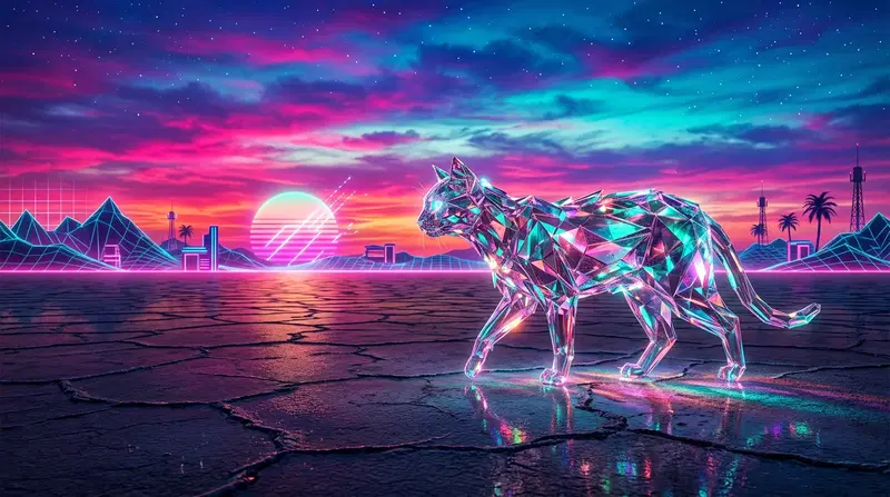 A Neon Abstract Cat Walking in a Futuristic Landscape