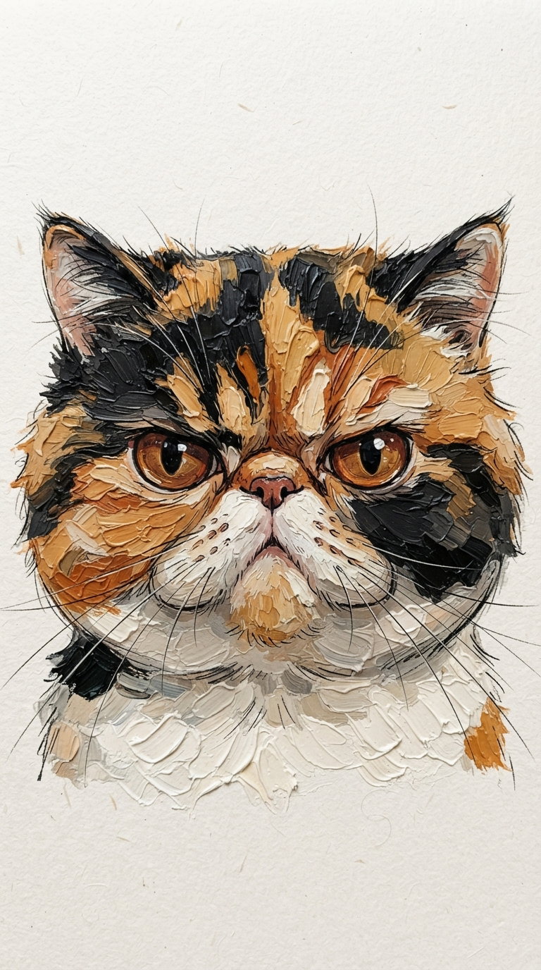 A close-up portrait of a calico Persian cat with prominent orange, black, and white fur patterns, featuring large amber eyes and a serious expression.