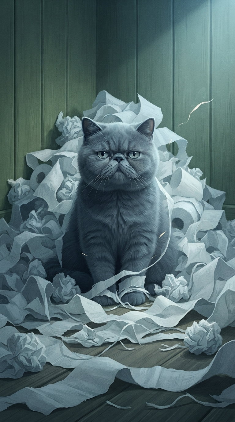 A fluffy gray cat sitting among crumpled toilet paper rolls in a dimly lit room.