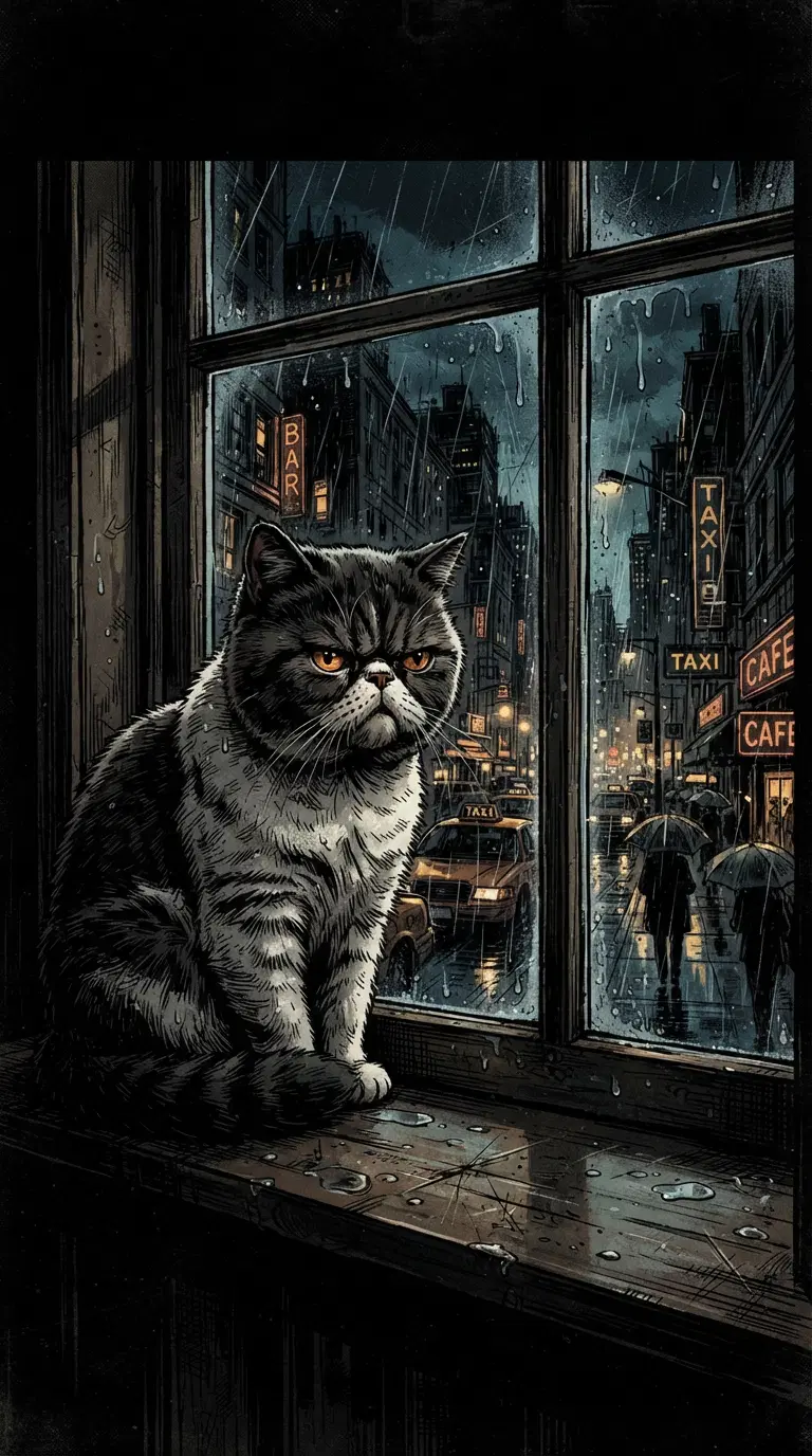 Gothic Cat Gazing Out on a Rainy City Night